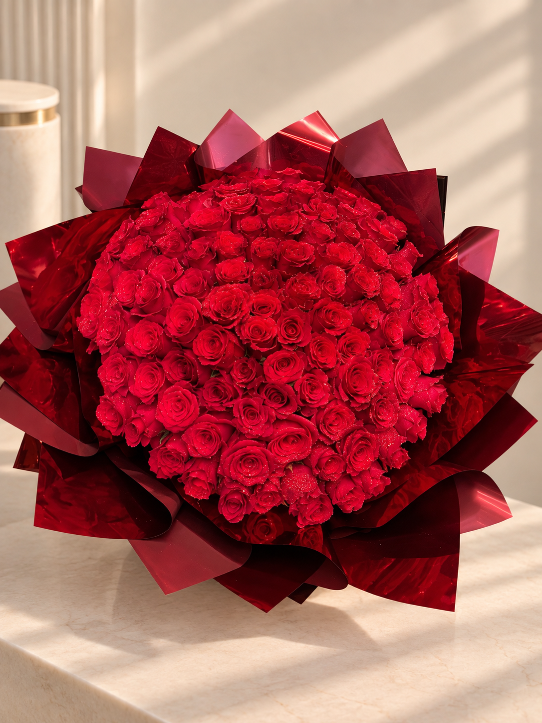Grand bouquet of shimmering red roses in sculptural ruby metallic wrapping