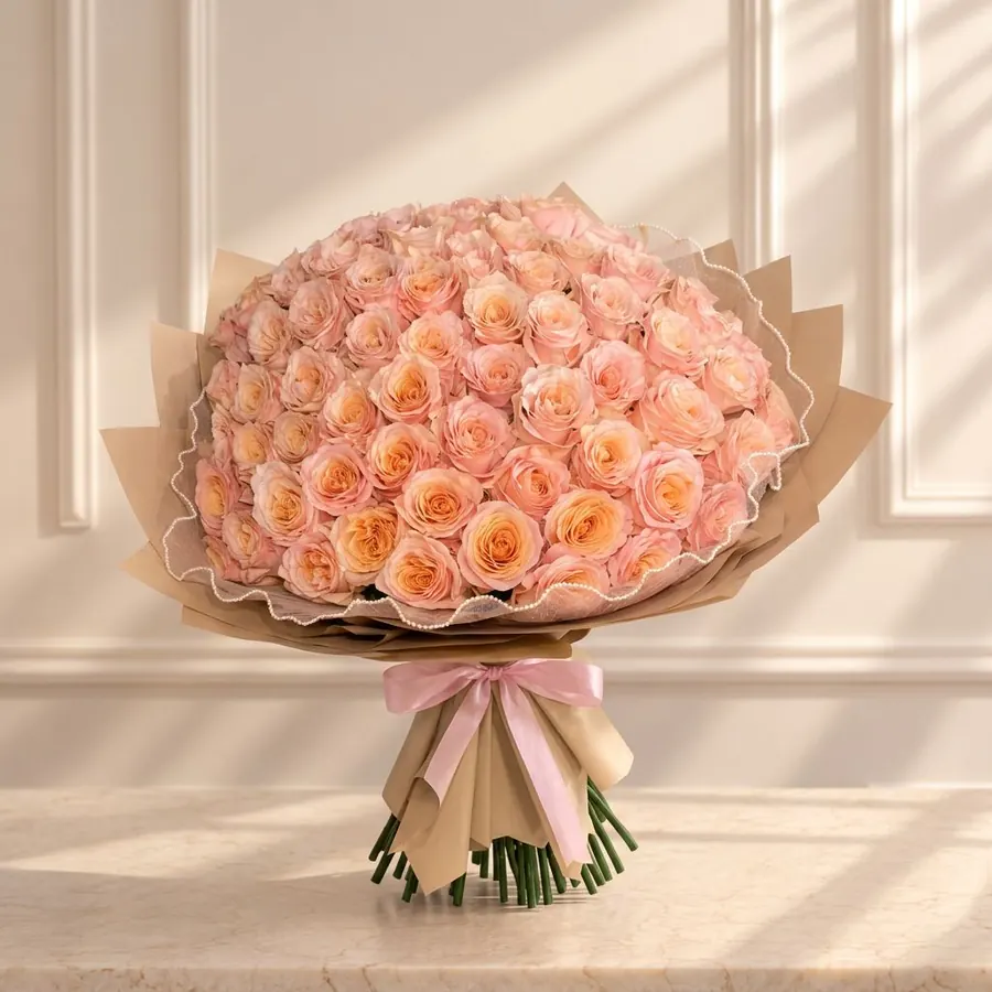 Peach and blush rose bouquet with pearl trim and pink ribbon