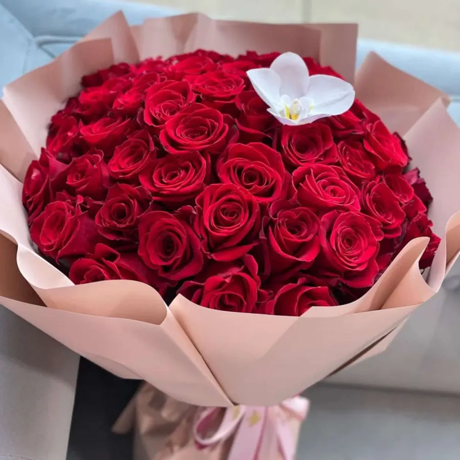 Red Desire Bouquet - Standard - 25 roses Deluxe - 48-50 roses Premium - 73-75 roses A passionate and sophisticated bouquet of red roses, crowned with a white orchid for a touch of pure elegance. The perfect gift to express deep love, admiration, or to simply leave someone speechless.