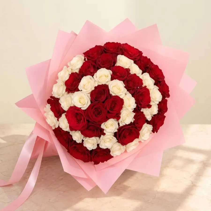 Red and ivory rose bouquet in soft pink wrapping